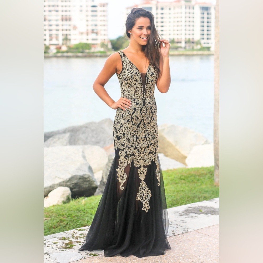 Black and Gold Lace Maxi Dress with Tulle formal